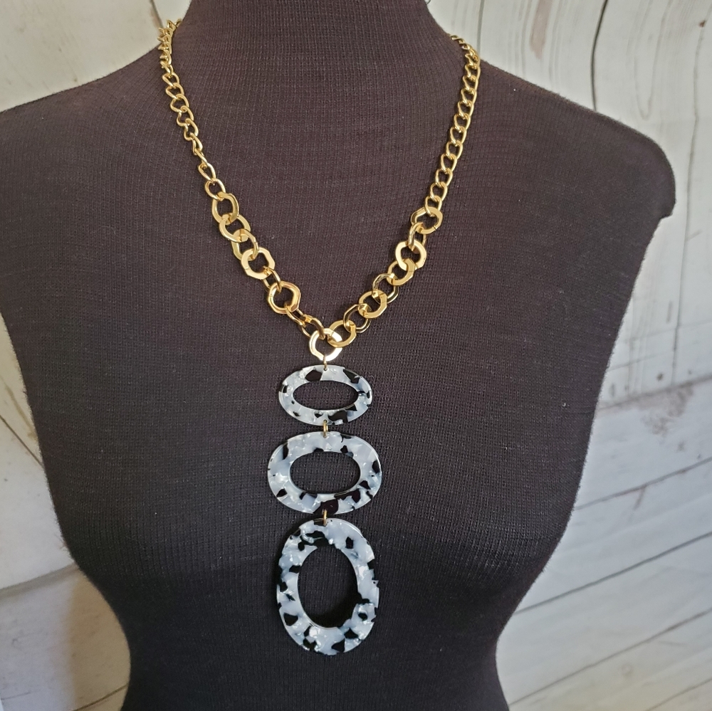 Time and Tru goldtone long statement necklace Y-necklace faux marble - Picture 2 of 8